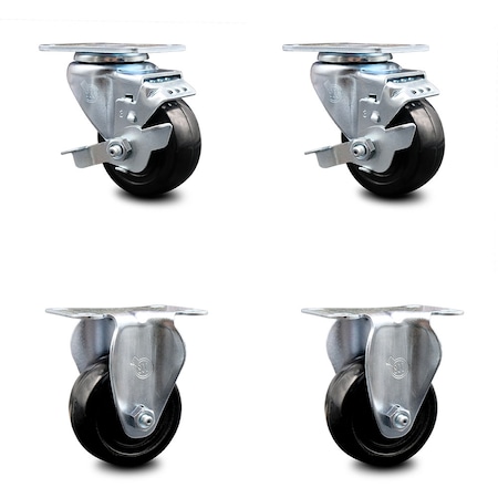 3.5 Inch Hard Rubber Wheel Swivel Top Plate Caster Set With 2 Brakes 2 Rigid SCC